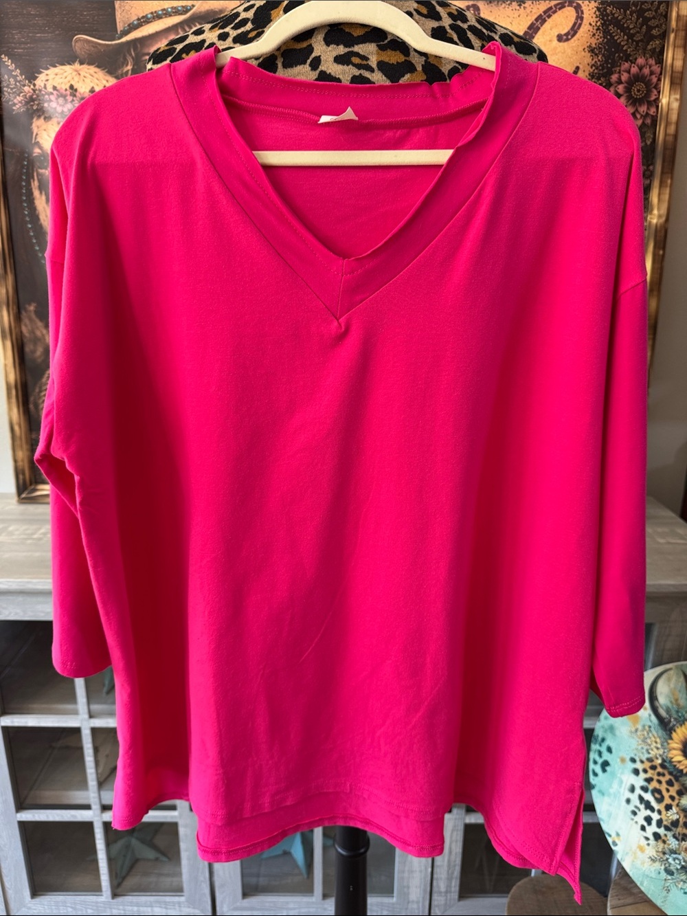 LIKE LOVE V-Neck 3/4 Sleeve Top in Hot Pink - Women's Large